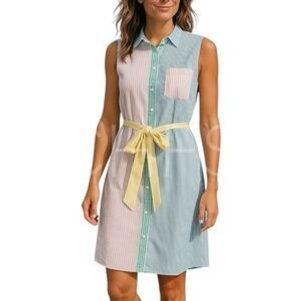 J. Crew Sleeveless Colorblock Shirt Dress in Pastel Blue, Pink & Yellow